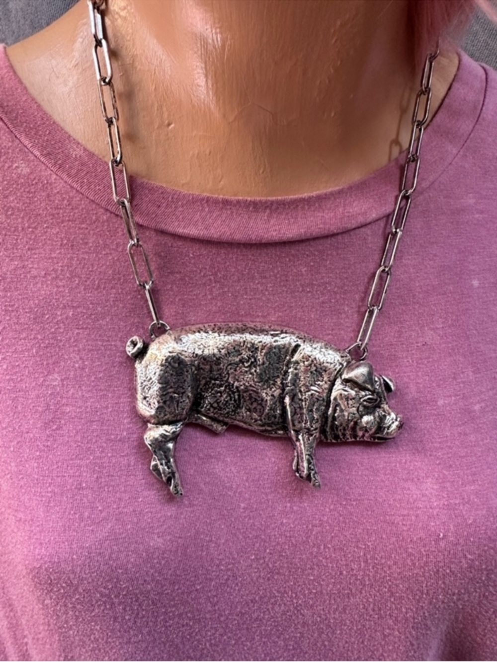 Large PIG pendent statement necklace silver farmhouse